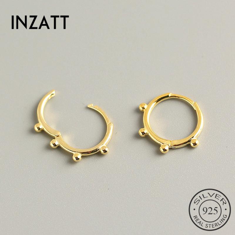 

INZAReal 925 Sterling Silver Bead Round Hoop Earrings For Fashion Women ROCK Geometric Fine Jewelry 18k Gold Accessories Gift