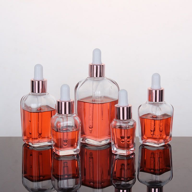 

Clear glass essential oil perfume bottles square dropper bottle with rose gold cap 10ml to 100ml