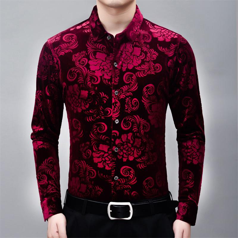 

High-end floral pattern carving fashion loose long sleeve shirt New arrival quality gold velvet soft comfortable men shirt -3XL, White;black