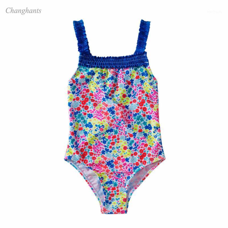 

New Girls one piece Swimsuit 2-6 Y Girl Blue & Flower swimwear Children Sling swim wear child Bathing suits kids beach wear1
