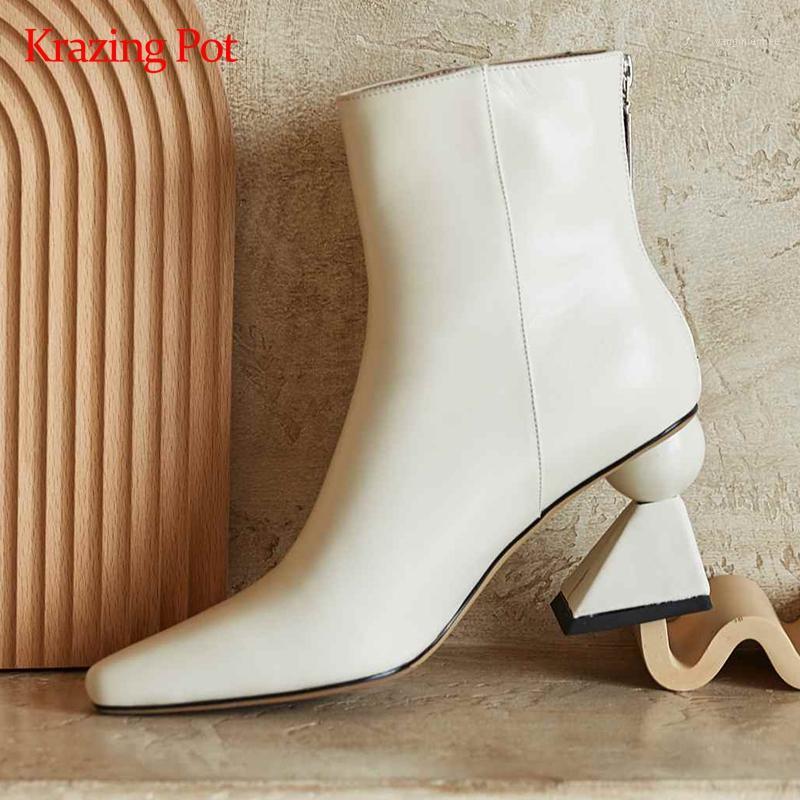 

Krazing pot korean girls genuine leather gorgeous small square toe high strange heel zipper elegant lady dress ankle boots L381, Beige