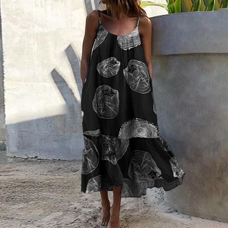 

2020 Summer Sleeveless Ruffle Dresses VONDA Stylish Floral Printed Dress Women' O-Neck Sundress Female Patchwork Midi Robe 5XL, Black
