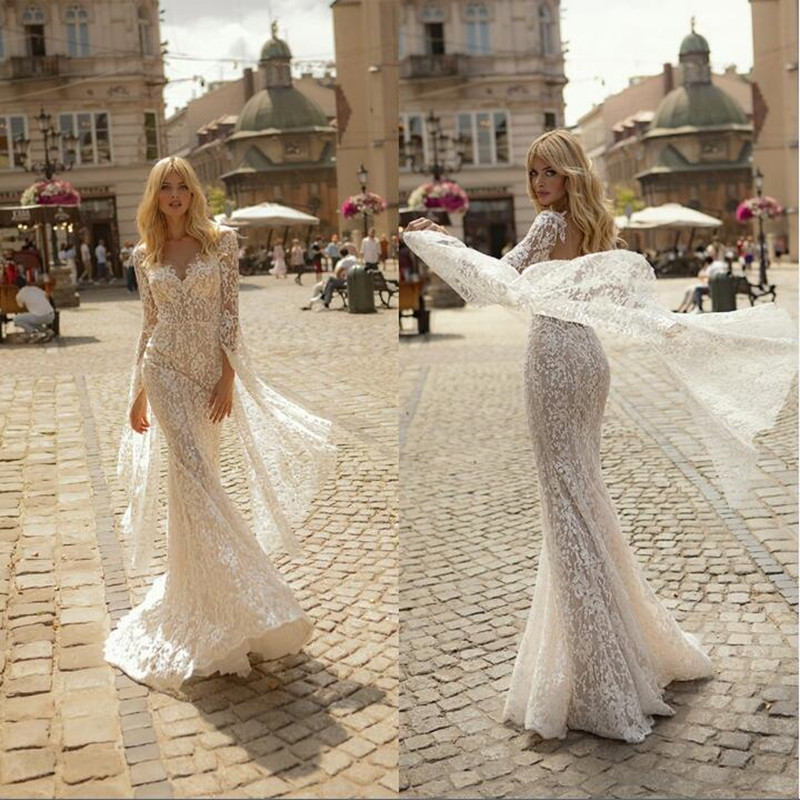 

2021 New Wedding Dresses Sheer Deep V Neck Lace Appliques Mermaid Bridal Gowns Custom Made Long Sleeves Backless Wedding Dress, White