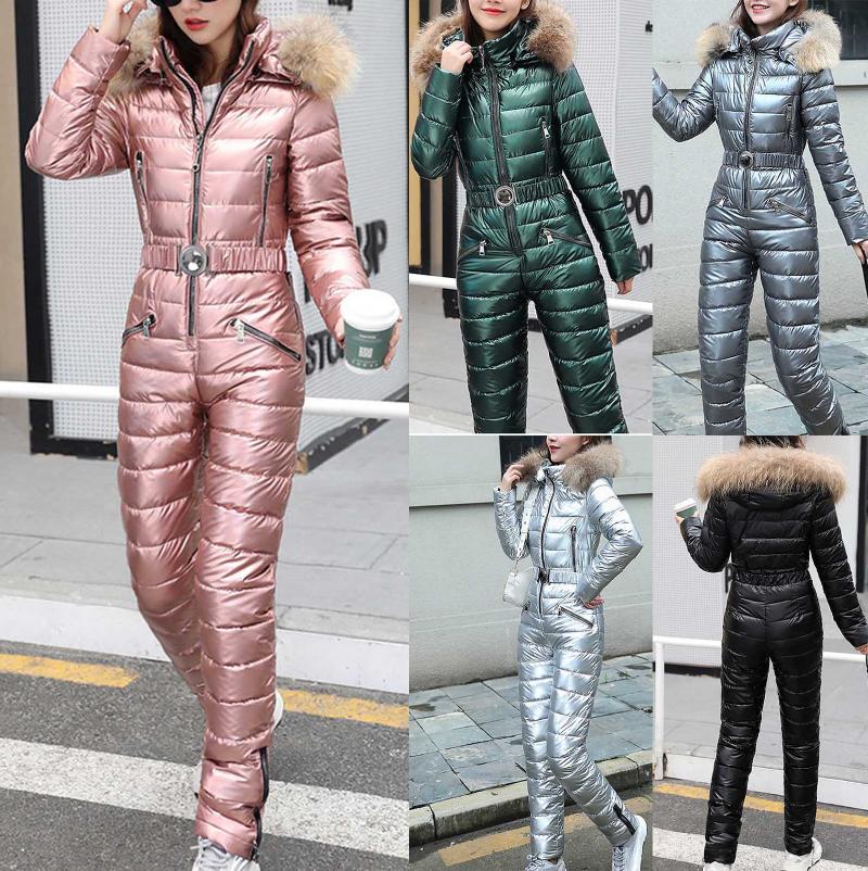 

Fashion Women One Piece Ski Jumpsuit Winter Plush Hoodie Collar Pockets Zipper Cotton Ski Suit Outdoor Sports Skiing Pant Sets, As photo