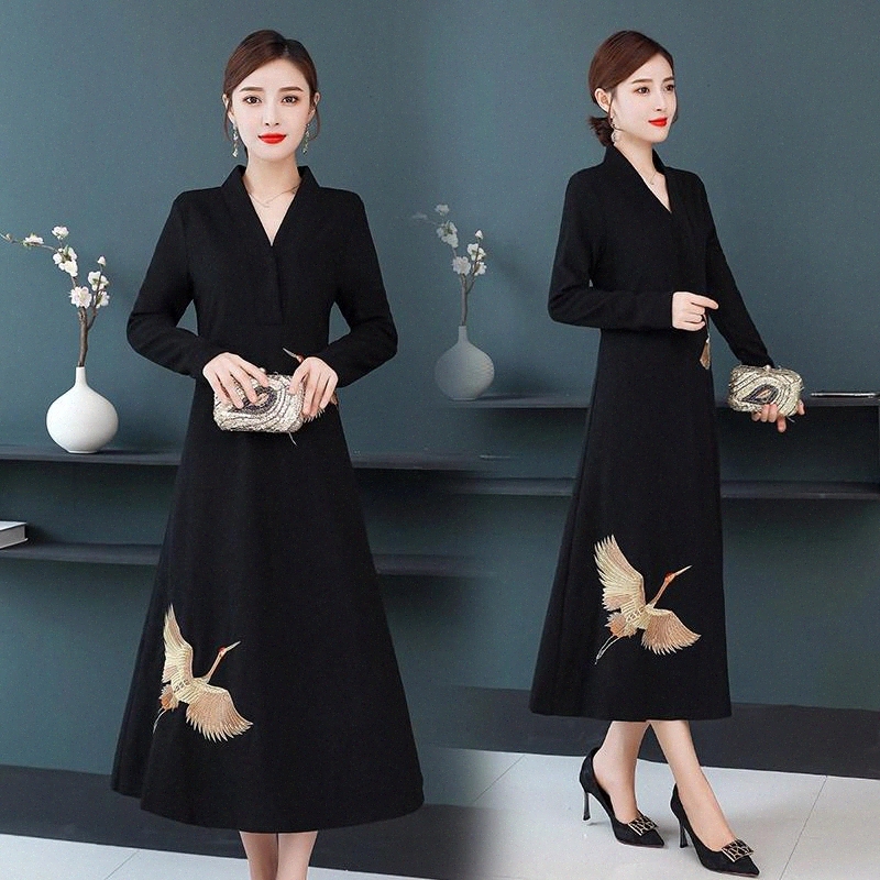 

JXMYY Dress women fall winter 2020 new fashion ladies temperament Chinese style woolen base skirt is thin #Aj6e, Black;gray