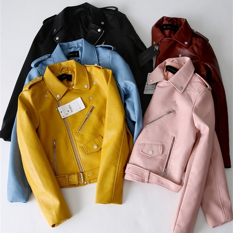 

Women's ZA Classic Leather Jacket Coat Long Sleeved Yellow PU Coat 5 Color Outerwear 201109, Blue