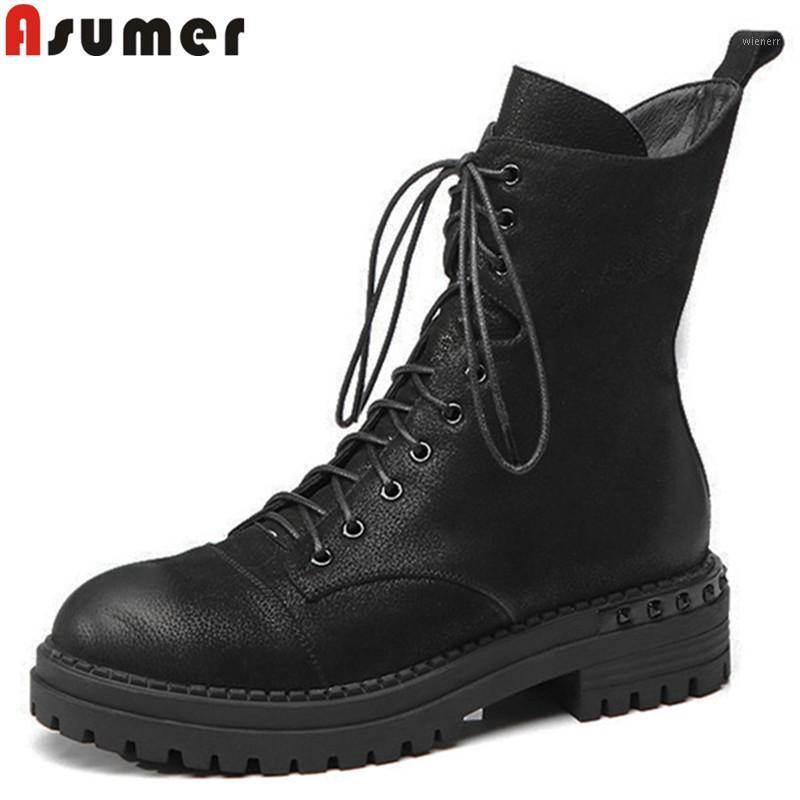 

ASUMER black fashion 2020 new genuine leather boots round toe zip ankle boots for women cross tied classic Motorcycle1