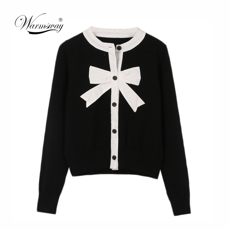 

Sweet Cardigan Female Black White Color Block Bow Patchwork O-neck Single Breasted Knitted Sweater Women sueter mujer C-041 201203