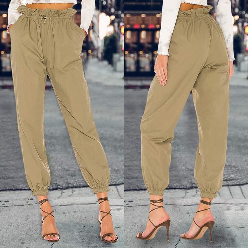 

Plus Size Women Safari Pant Celmia 2020 Fashion Cargo Pants High Elastic Waist Solid Drawstring Trousers Office Long Pantalones, Black