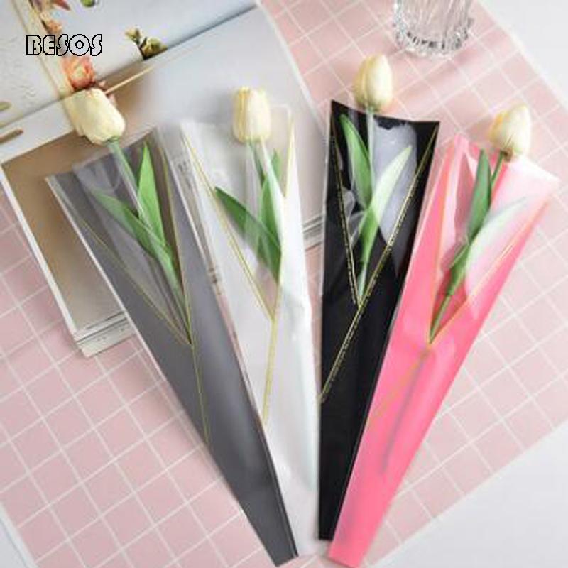 

Fashion Wholesale Candy Color Gilding Edge Transparent Single Flower Gift Bag Wedding Party Rose Bouquet Decoration Gift Bag