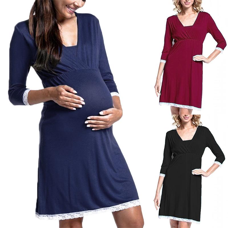 

Ladies Midi Nursing Dress Pregnant Women'S Dress Soft And Comfortable Autumn Spring Pregnancy Women Clothes Robe D30, Black