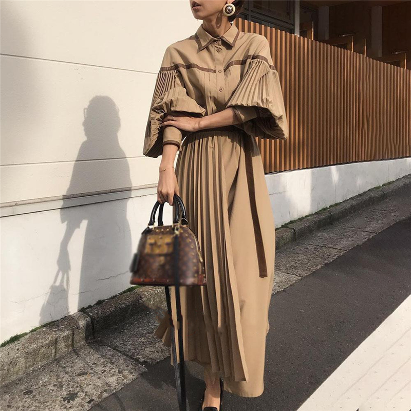 

2021 Vintage Lantern Long Sleeve Pleated Women Dresses Fashion Lace Up Patchwork Female Dress Single-breasted Vestidos femme, Same as picture