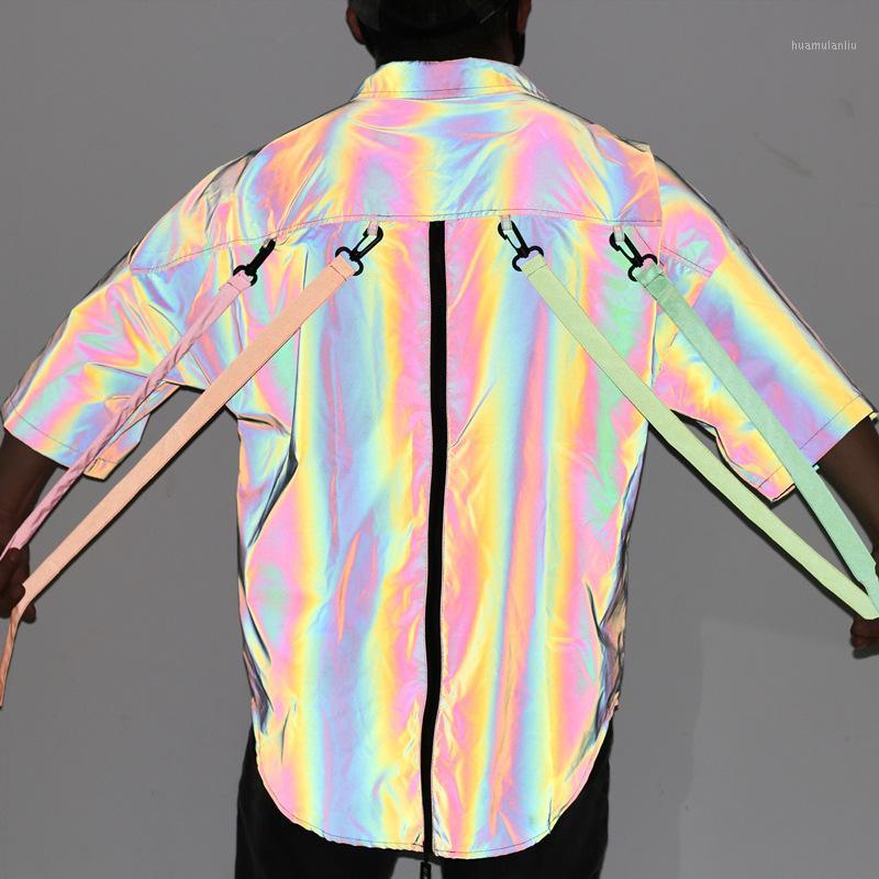 

Colorful Reflective Outdoor Dance Leisure Oversize Shirts Men Removable Taps Cool Hip-hop Streetwear Short-sleeve Shirts -XL1, As pic
