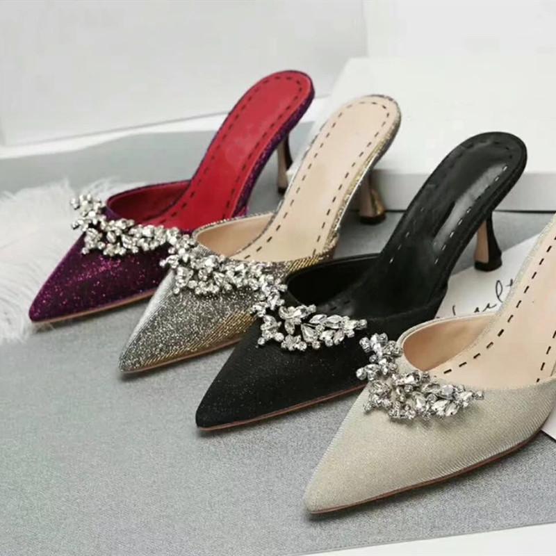 

Outdoor Rinestone Genuine Leather Female Shoes Glitter Decor Multi Color Spring Summer Women Slides1, Black