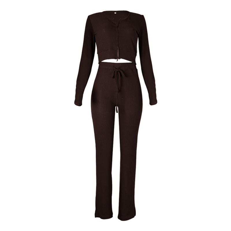 

New Fashion High Quality Women 2 Pcs Knitted Clothes Sets U Neck Long Sleeve Zipper Crop Top and Elastic Waist Long Pant, Coffee