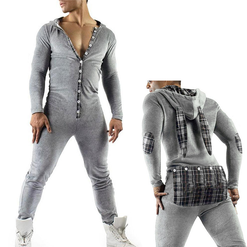 

Casual Men Bodysuit, Long Sleeve Rabbit Ears Hooded Button Collar Long Trousers Openable Hip for Autumn Q0125, Gray