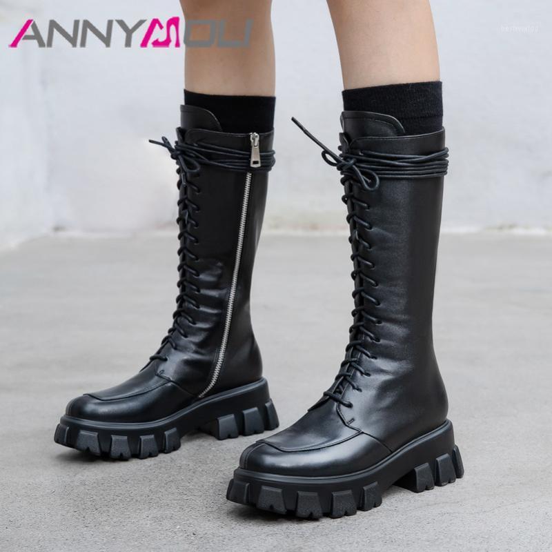 

ANNYMOLI Motorcycle Boots Women Shoes Real Leather Platform High Heel Mid Calf Boots Lace Up Block Heels Zipper Lady Black1, Black synthetic lin