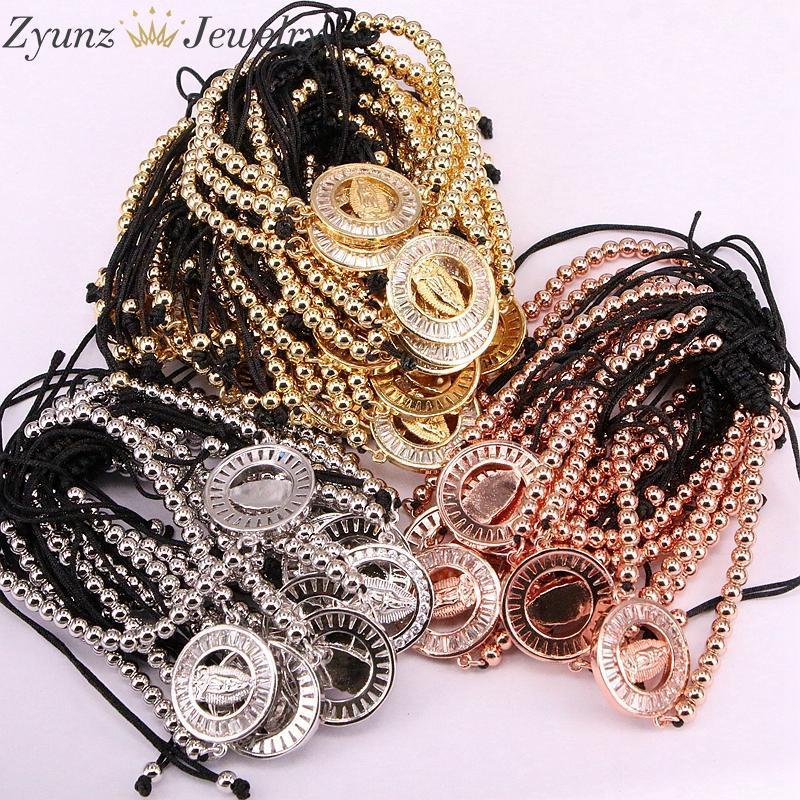 

5PCS, Baguette Clear CZ arround shinning Virgin Mary charm beaded macrame bracelet1