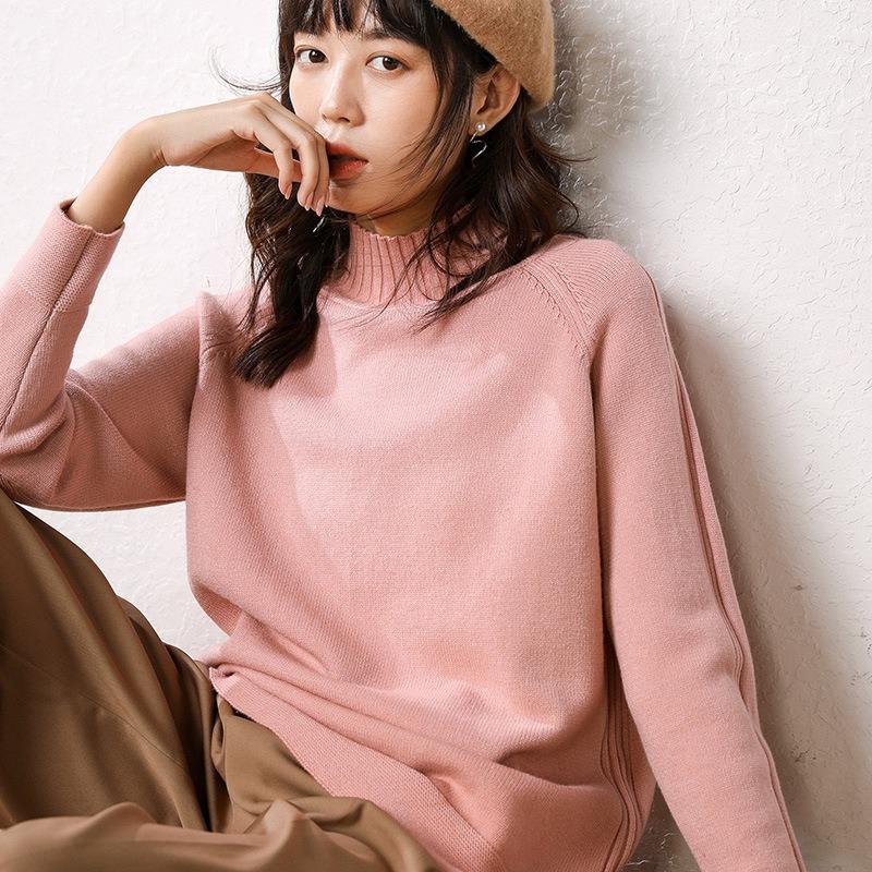 

Autumn Winter New Sweater Women's Bottoms Semi-high Round Collar Head Loose Lazy Wind Hem Open Fork Long-sleeved Knitwear Coat, Pink