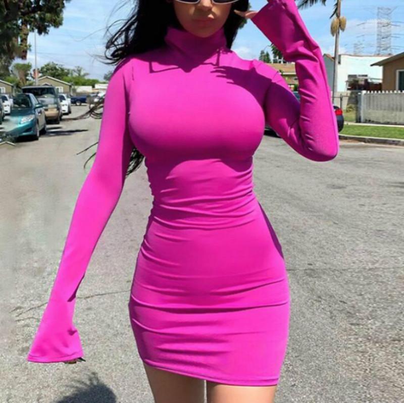 

Long flare sleeve high neck bodycon mini dress 2019 autumn winter women streetwear party elegant outfits1, Red