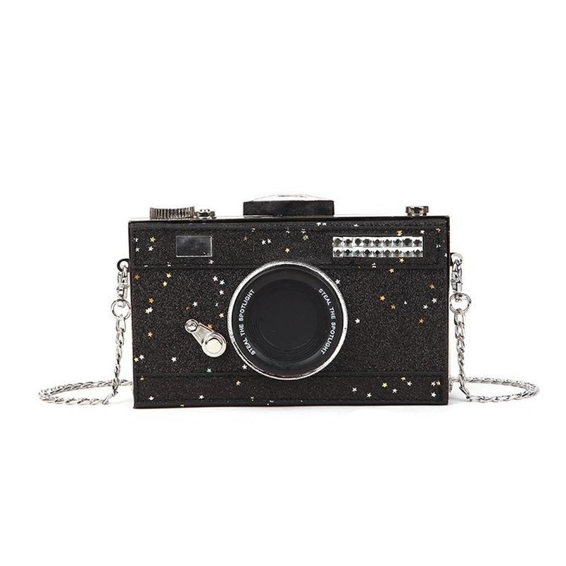 

2021 New Fashionable Sequins Reflective Personality Laser Frosted Camera Bag Creative Funny Simulation Camera Women's Bag, Brown