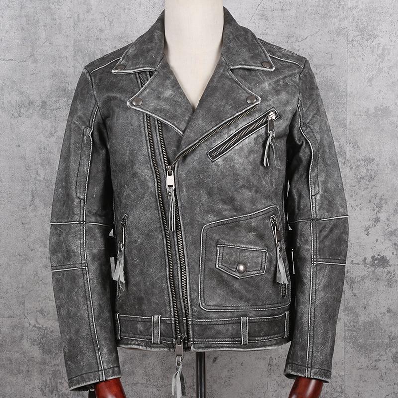 

2020 Vintage Grey American Style Motorcycle Jacket Plus Size XXXXXL Genuine Cowhide Autumn Slim Fit Biker's Leather Coat, Black