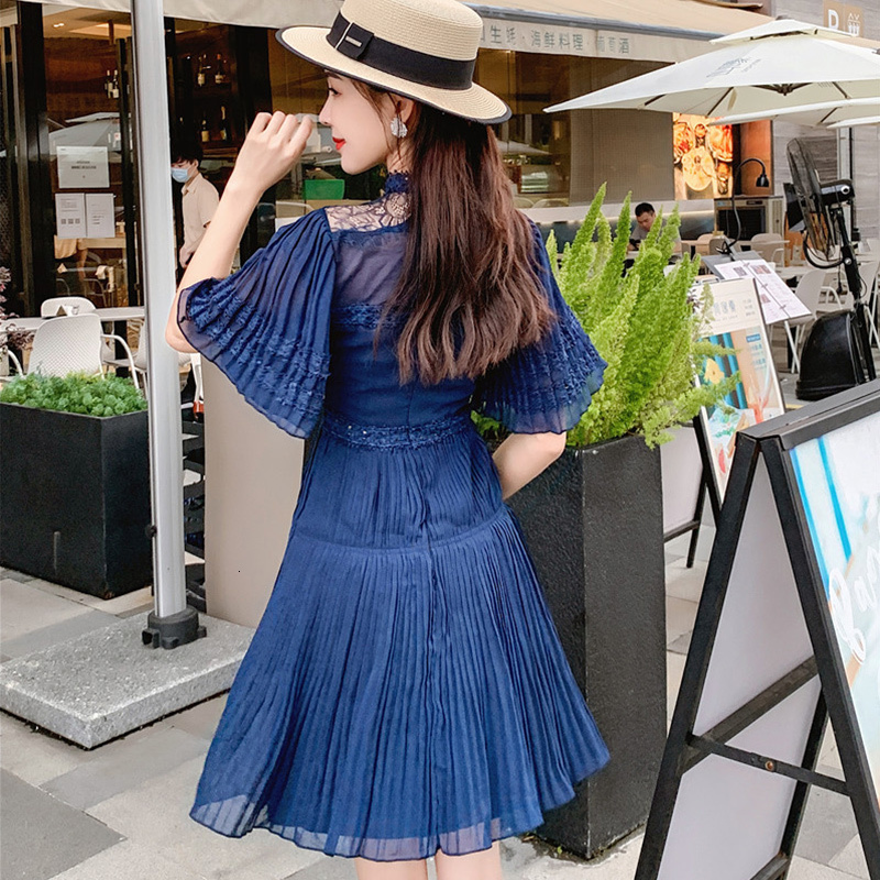 

2021 Woman Dressed in Summer Chiffon Navy Blue Casual Extension Street Wear Mini Female Auto Dress Shredded Lace V42r, The picture