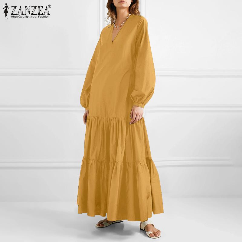 

Women Vintage Ruffled Hem Sundress ZANZEA Fashion Full Puff Sleeve Casual Dresses V Neck Party Vestidos Kaftan Solid Robe Femme, Black