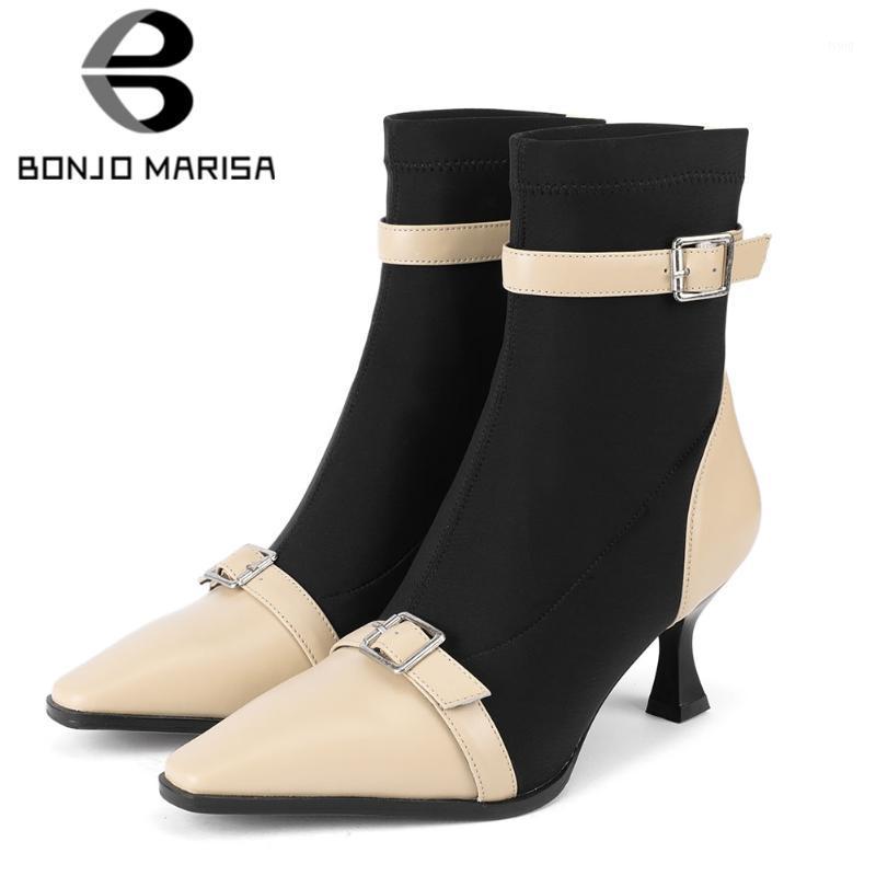 

BONJOMARISA Genuine Leather Patchwork Stylish Laides Ankle Boots Buckle Thin Heel Autumn Boots Women Brand Shoes Woman1, Black