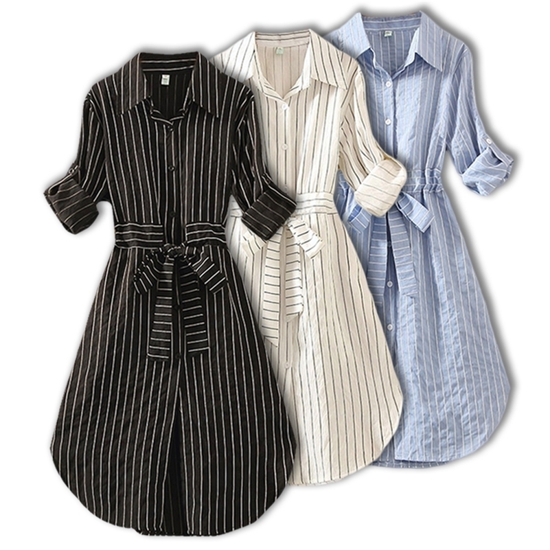 

Striped Women Dress Tunic Long Sleeve Elegant Shirt Dress Blue White Black Spring Summer Ladies Casual Stripe Mini Dresses 201204, Black;gray