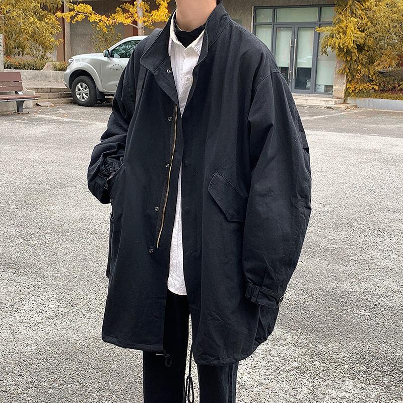 

Korean Trench Coat Men's Fashion Casual Stand Collar Long Coat Men Streetwear Loose Autumn Windbreaker Jacket Mens Overcoat, Black