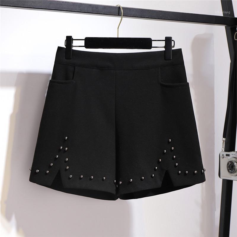 

Oversize Woolen Wide leg Short Pants Women Autumn Winter Elastic waist Hot Pants Plus size XXL-6XL Female Beaded Casual1, Black
