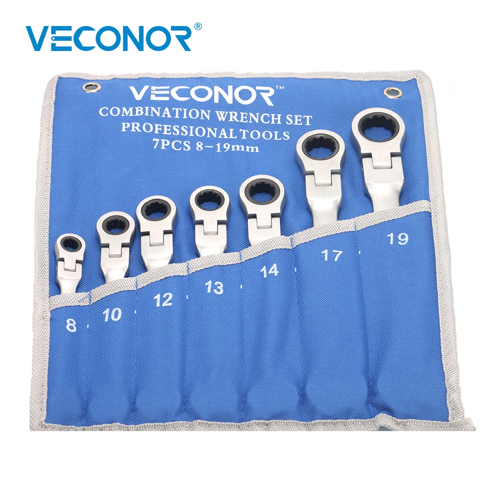 

8-19mm Ratchet Wrench Set of Tools 72 Teeth Ratcheting Spanners Multitools Flexible Head Dull Polish with Roll-up Pouch