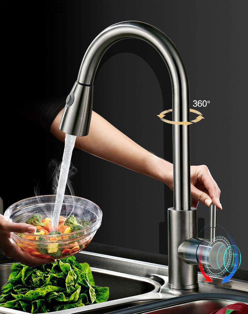 

New hardware stainless steel brushed kitchen rotating faucet modern sink sink pull-type hot and cold water mixer free shipping