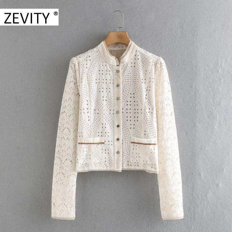 

ZEVITY women vintage hollow out embroidery chiffon patchwork shirt coat female long sleeve breasted coats casual chic tops CT572, As pic ct572cc