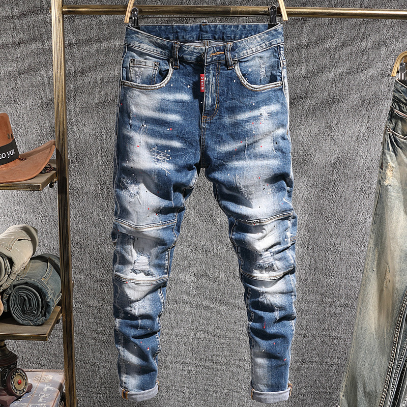 

2021 New Fashion Streetwear Men Blue Color Elastic Slim Fit Hip Hop Ripped Jeans High Quality Spliced Designer Biker Pants Hombre Obth