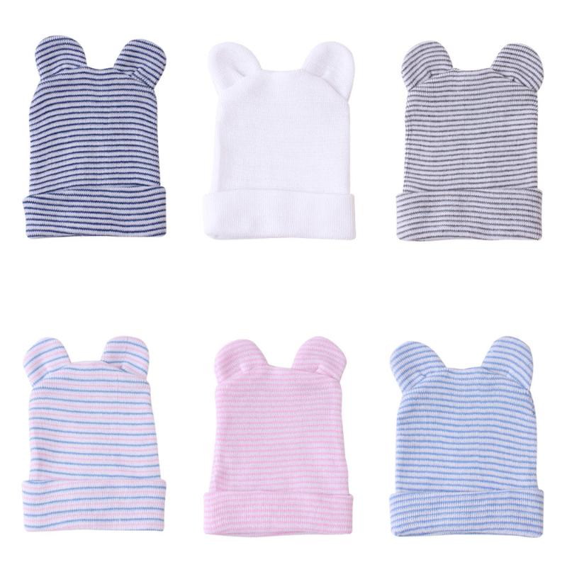 

New Adorable Baby Cotton Striped Knit Hats Newborn Toddler Kids Boys Girls Unisex Hat Lovely Ear Hats 0-6 Months
