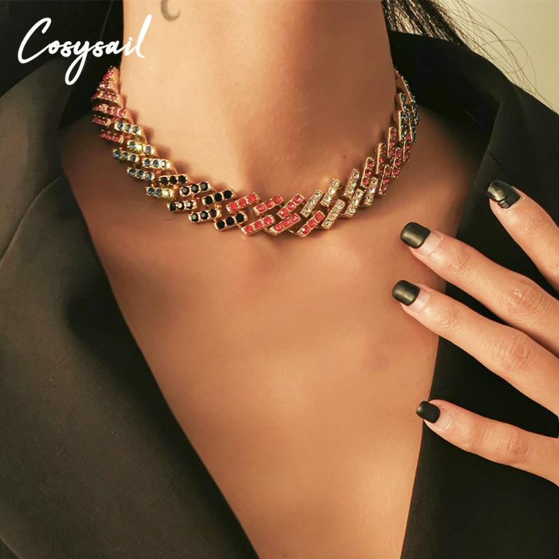 

Cosysail Multicolor Iced Out Cuban Link Chain Necklace for Women Luxury Rhinestone Cuban Choker Necklace Party Jewelry 2021