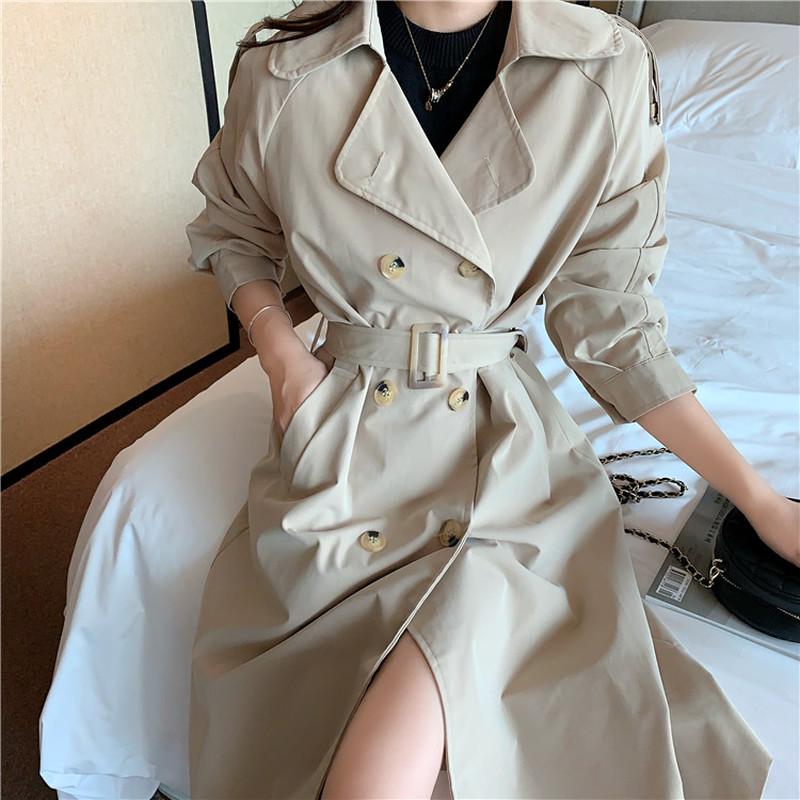 

Vintage Harajuku Trench-coat for Women Autumn Double-Breasted Casual Khaki Long-coat Elegant Office Lady Loose Top Windbreaker