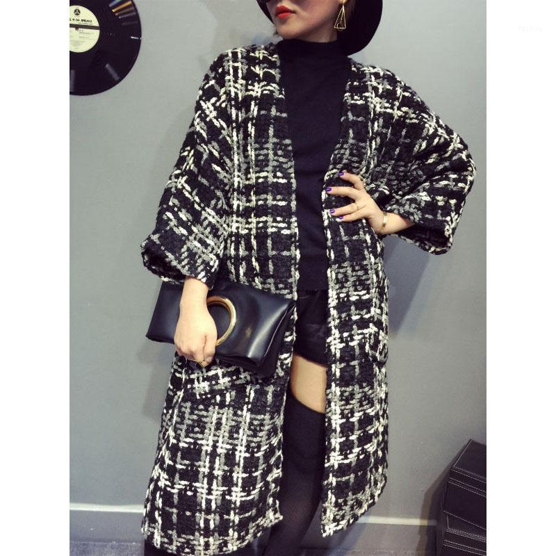 

Fashion trend women's long woolen coat autumn and winter new houndstooth tweed straight windbreaker cardigan1, Red