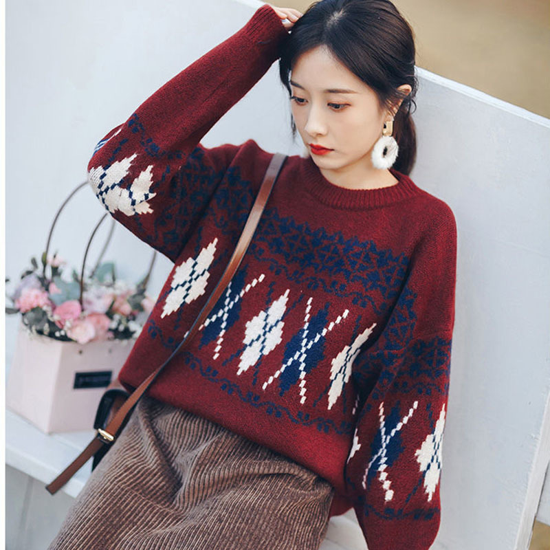 

2021 New Autumn Winter Women Retro Diamond Grid Warm Pullover O-neck Vintage Sweater Lady Sweaters Harajuku Zey4, Burgundy