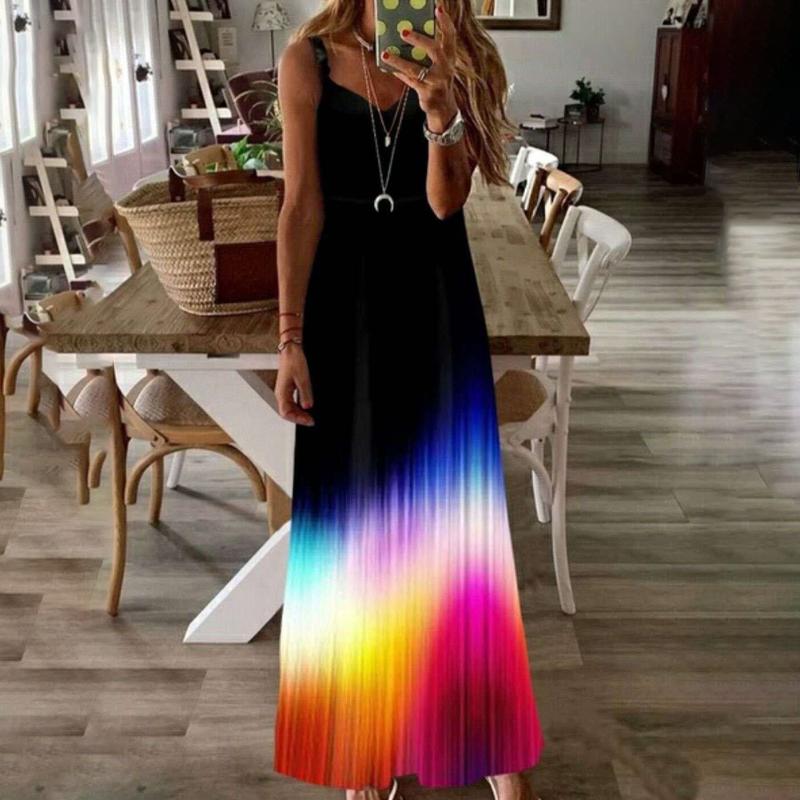 

Strappy Dress Maxi Sundress Holiday Party Beach Printed Sundress Casual, Orange