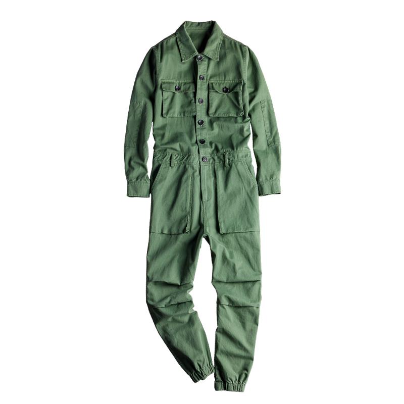 

Japanese And Korean Lapel Jumpsuit Cotton Overalls Hip-hop Street Pants Loose Green Black, Army green