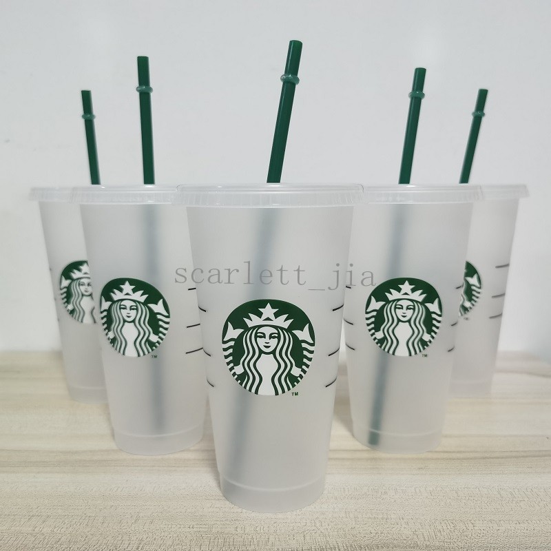 

24OZ/710ml Starbucks Plastic Tumbler Reusable Clear Drinking Flat Bottom Cup Pillar Shape Lid Straw Mug Bardian, As pic