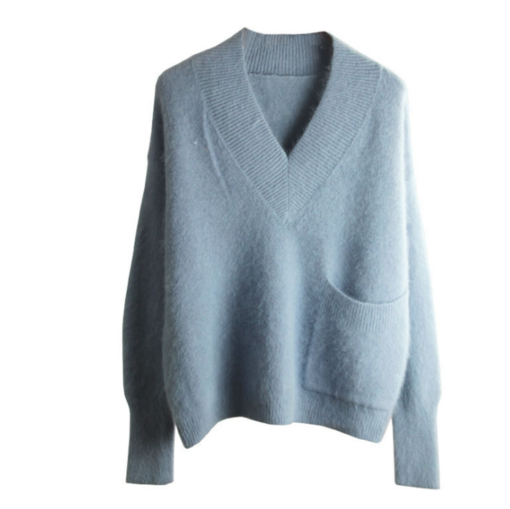 

2021 New Super Soft Mohair Pullover Sweater Women Autumn Winter Jersey Mujer V-neck Long Sleeve Oversized Jumper Pull Femme Hiver Abzs, Blue
