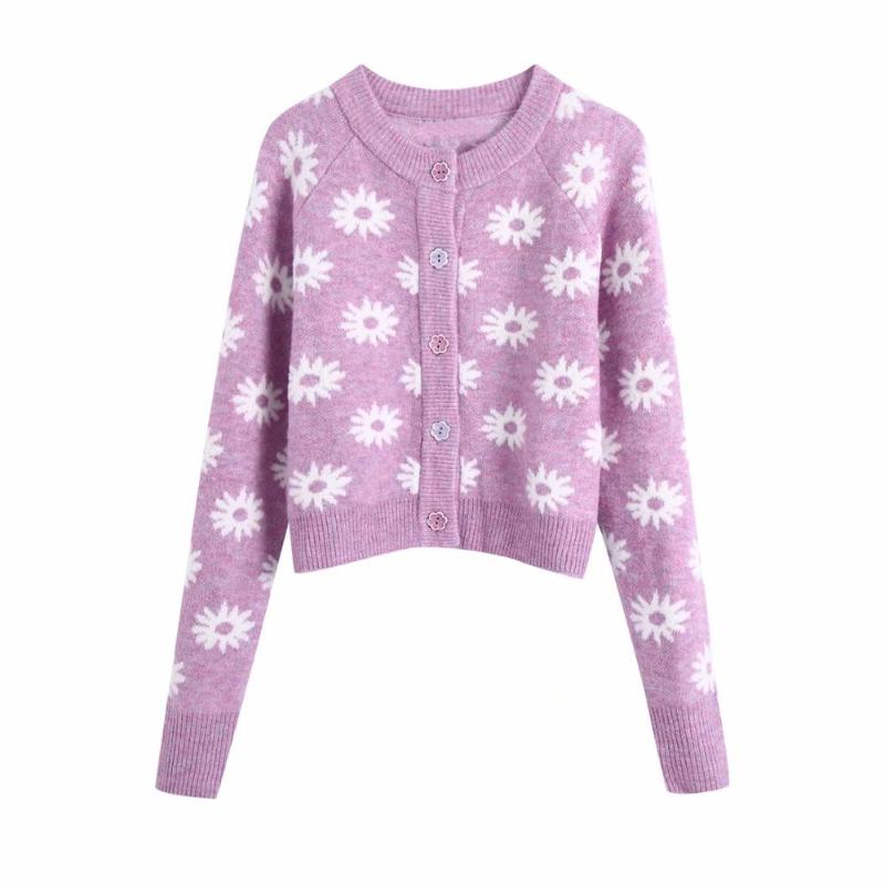 

2020 New Women' Sweater Purple Floral Print Button O-Neck Long Sleeve Sweater Fashion Casual Female Tops