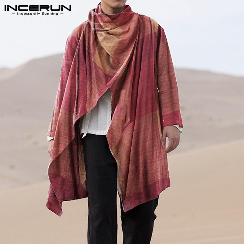 

Men Coats Scarf Collar Plaid Casual Long Sleeve Trench Vintage Ponchos 2020 Cotton Streetwear Irregular Outerwear INCERUN -3XL1, Red