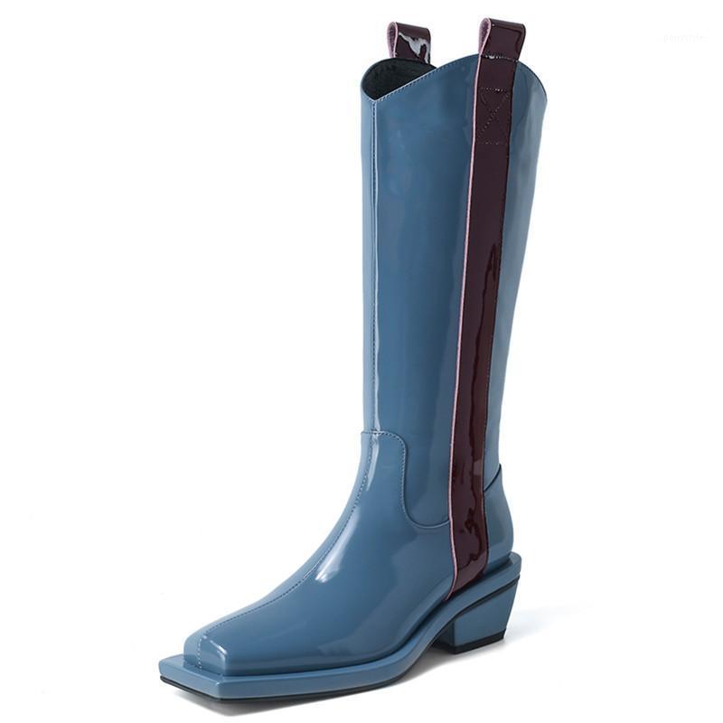 

Latest Women Square Zipper Mid-calf Boots Motorcycle Boots Party High Fashion Winter Square Toe High Heels Genuine Leather1, Blue