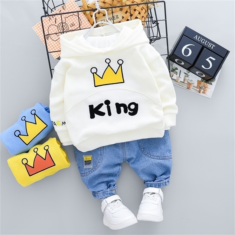 

HYLKIDHUOSE Baby Girls Boys Clothing Sets Autumn Newborn Infant Clothes Hooded T Shirt Jeans Children Kids Casual Costume 201031, White