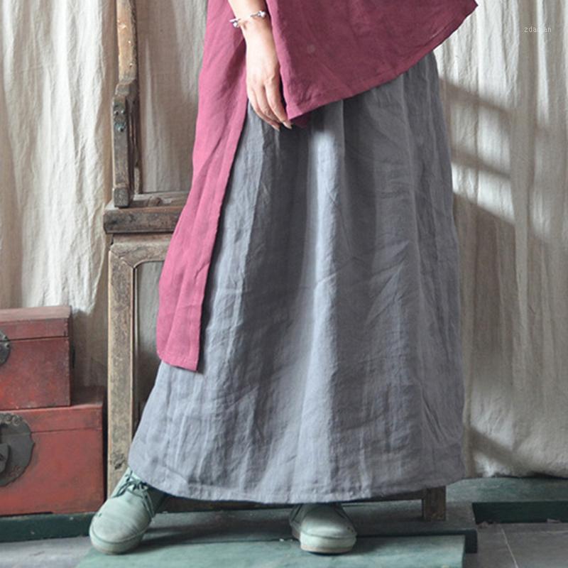 

Johnature Women Solid Color Skirts Elastic Waist Ramie 2020 New Summer Loose Vintage Female A-Line Casual Skirts1, Gray